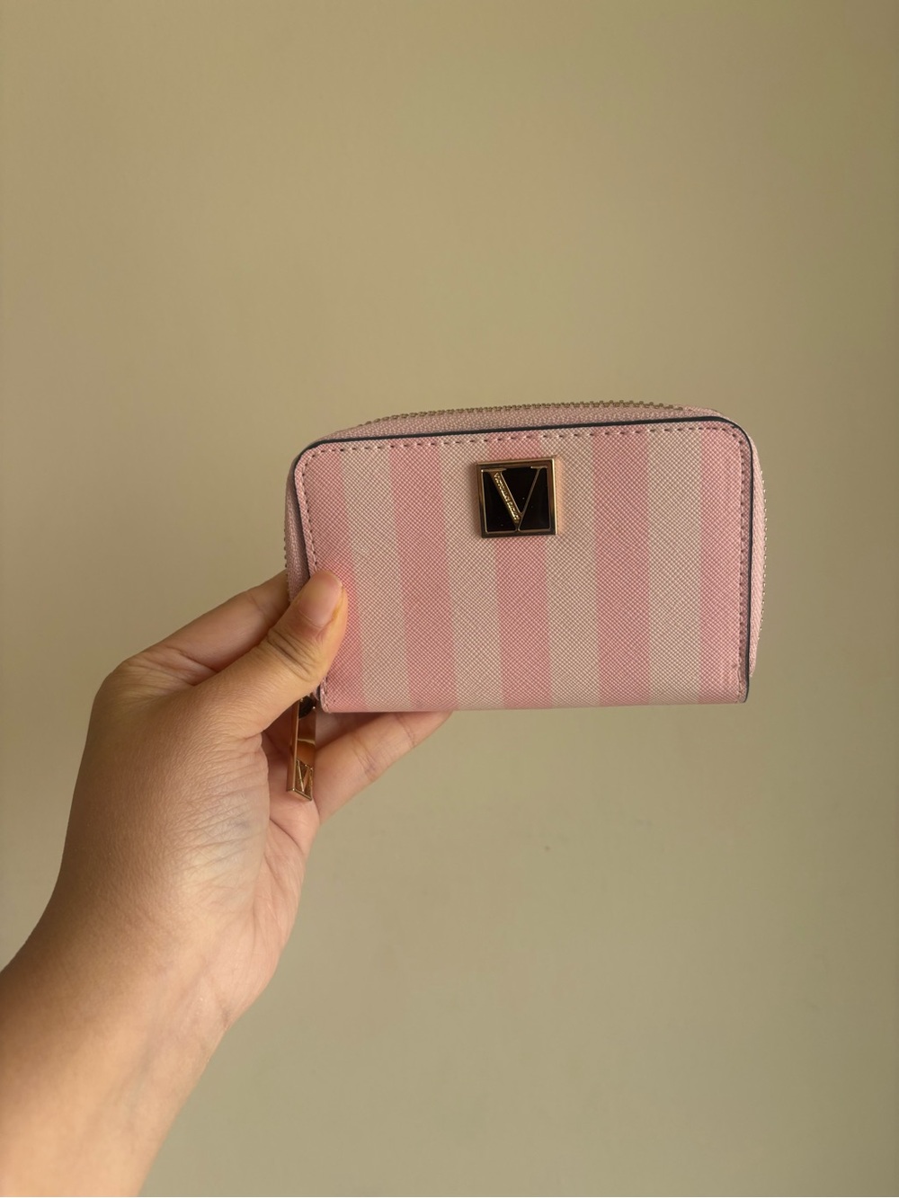 Pink Striped Women's Zip Wallet - V Logo Accent